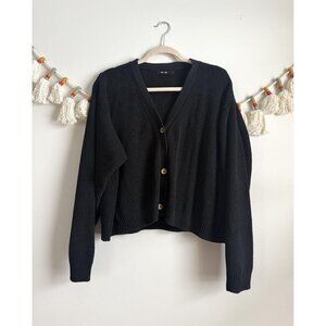 Saint + Sofia Soho Crop Black Ribbed Raglan Cardigan Preppy Cozy Slouchy Cotton